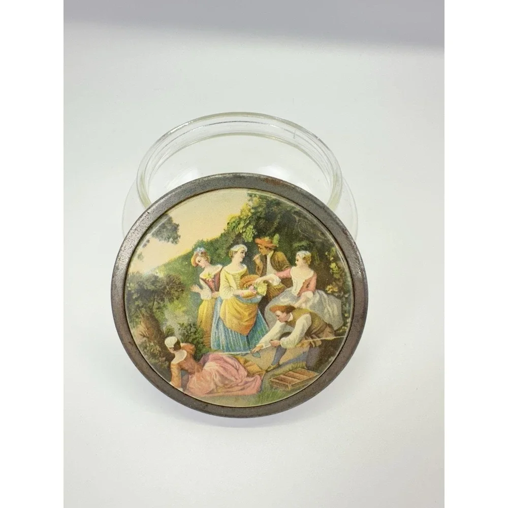 Vintage Glass Vanity Powder Jar Pastoral Courting Scene Metal Lid 3.5